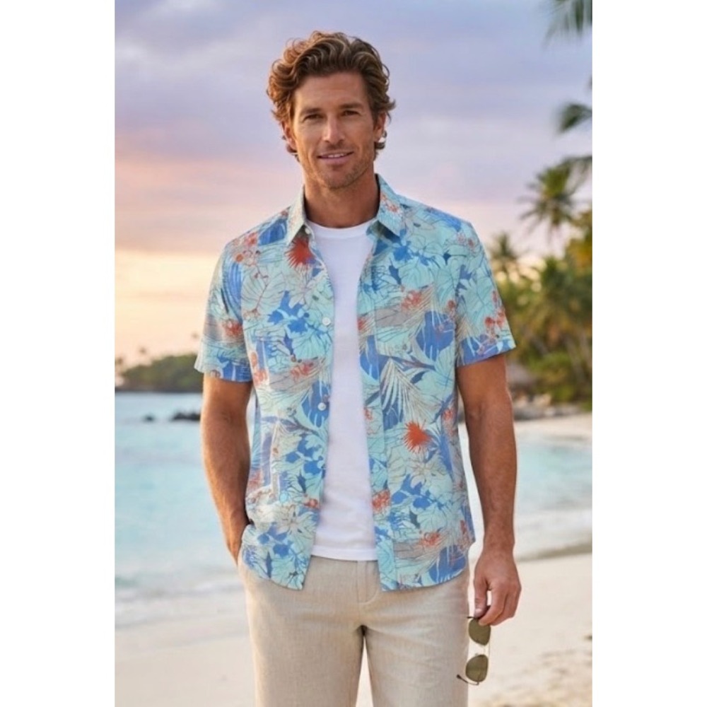 Huk Fishing Mens Small Blue Floral Tropical Palm Short Sleeve Button Down Shirt